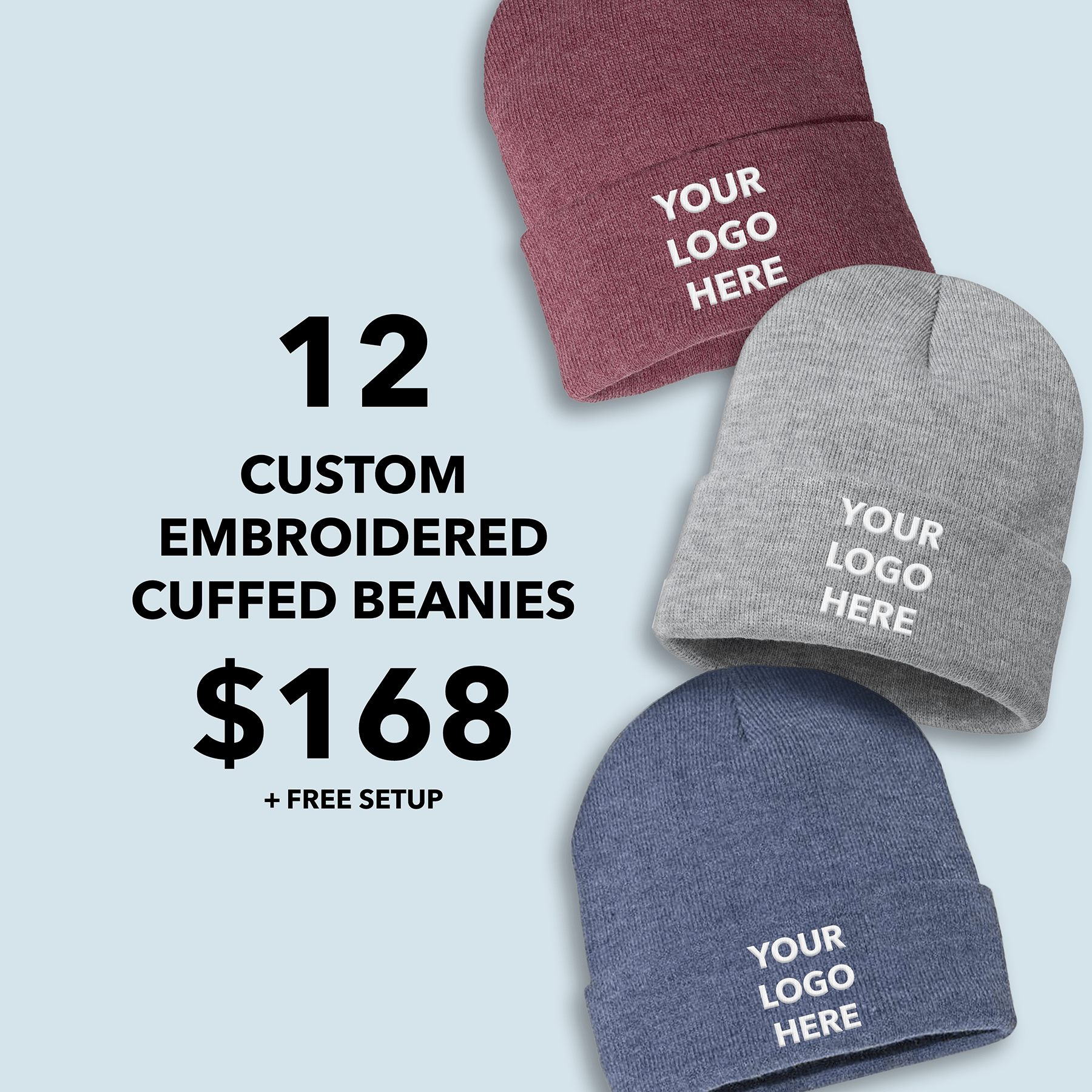 (12 Pieces) Sportsman Solid 12" Cuffed Beanie Custom Embroidered + FREE Setup - JL Franklins